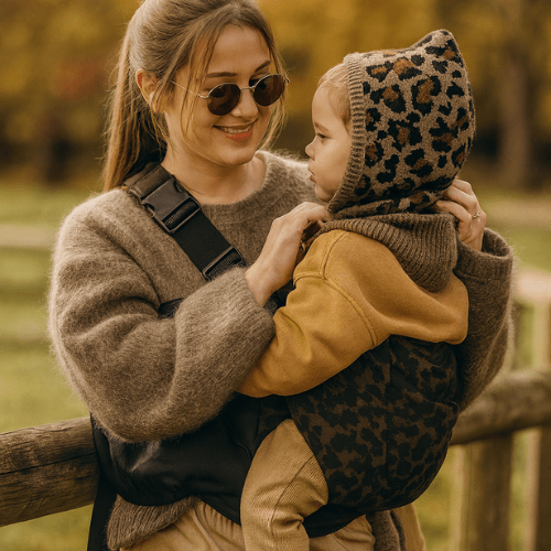 Porte bébé latéral - Léopard - kideecarry, pour un portage facile sans encombre. oubliez la galère des noeuds, enfilez le en moins de 10 secondes.